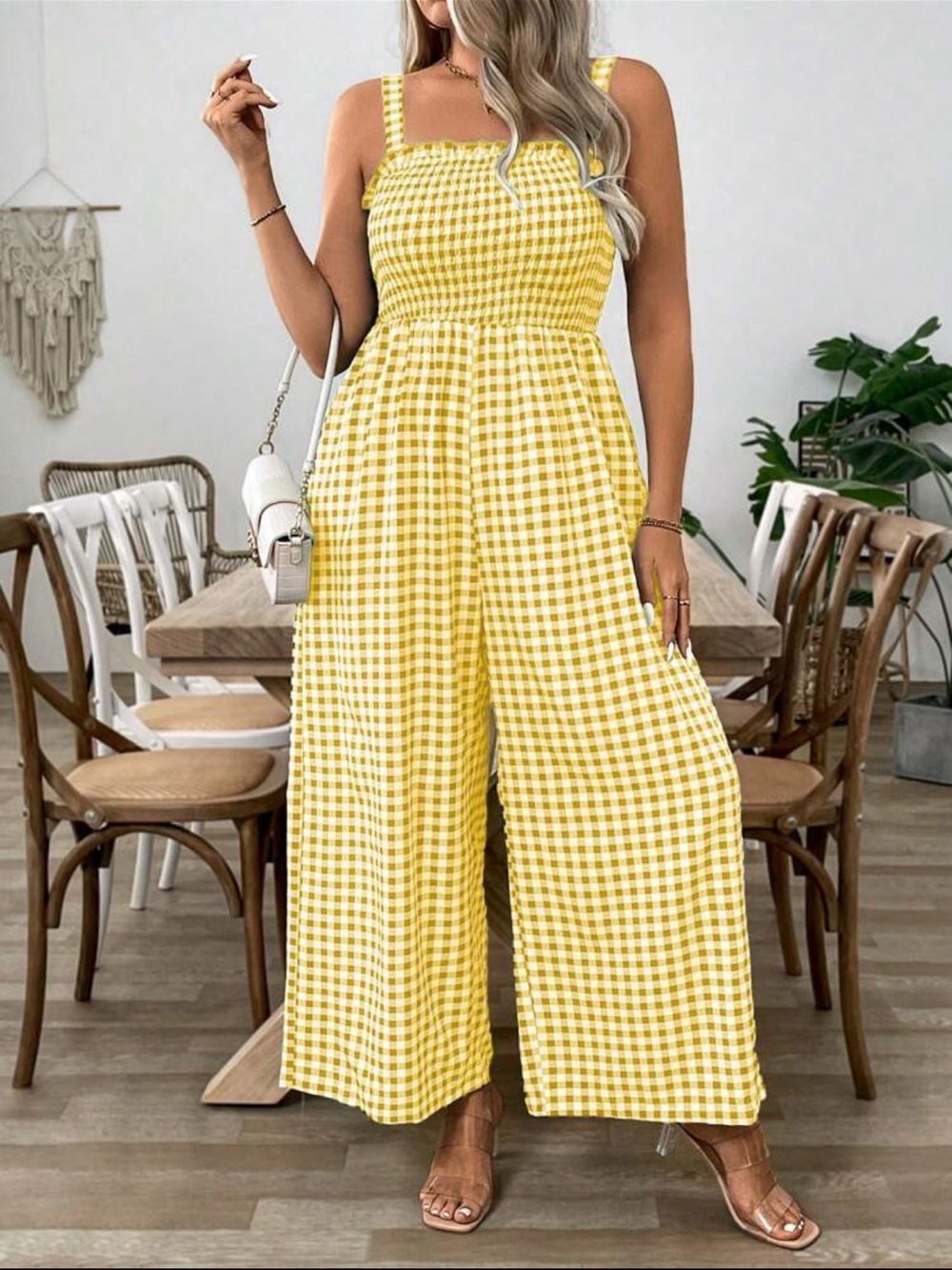 SHEIN Gingham Smocked Yellow and White Jumpsuit Plus Size 0XL